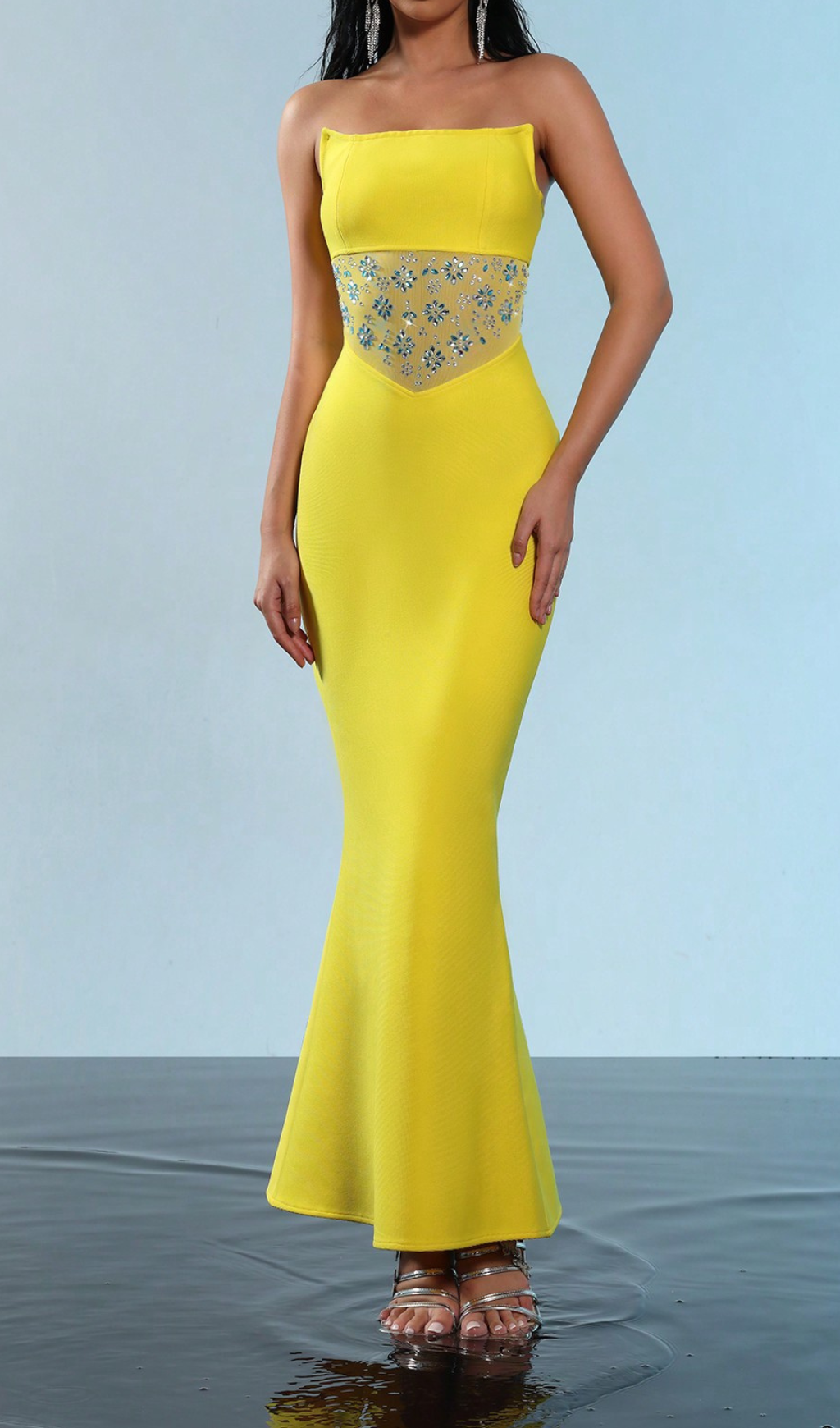 mesh splice rhinestone decor yellow maxi bandage dress