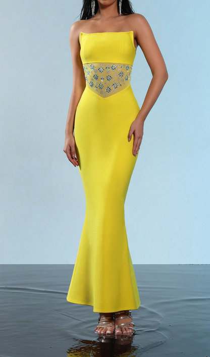 mesh splice rhinestone decor yellow maxi bandage dress