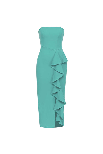 BANDEAU RUFFLES MIDI DRESS IN GREEN