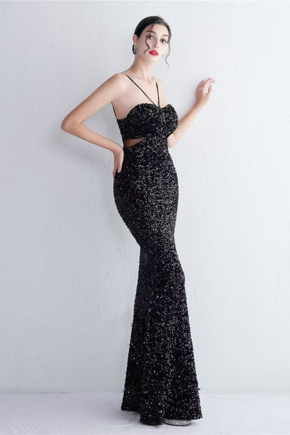MARIAN BLACK CUTOUT SEQUINS HALTER MAXI DRESS