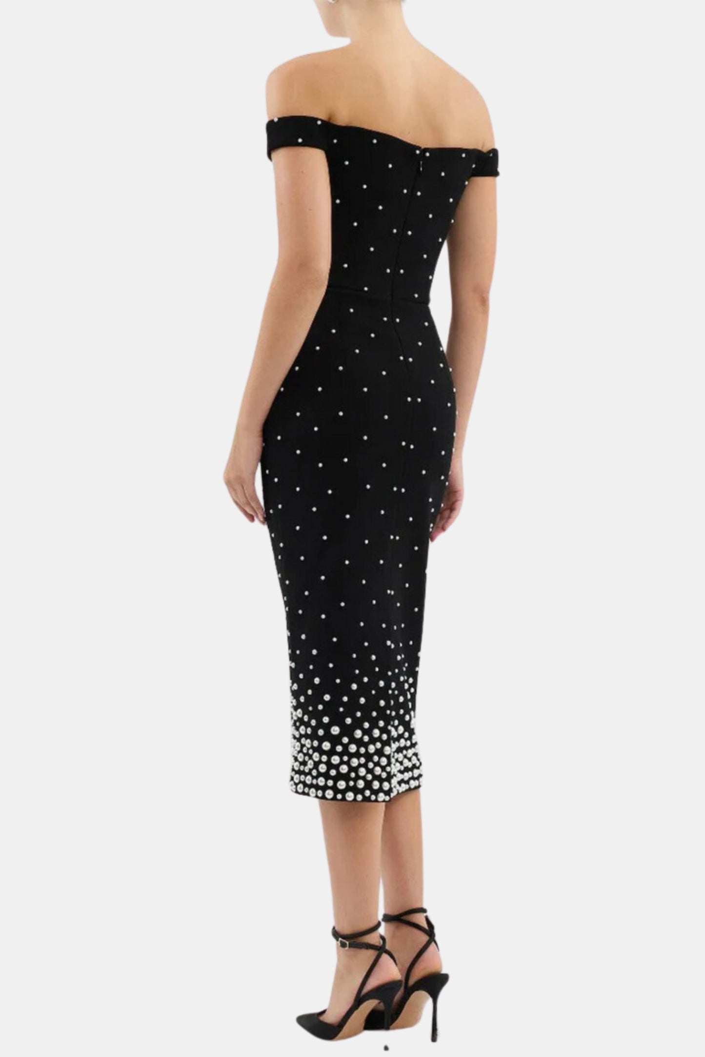 pearl polka dots embellished midi dress in black