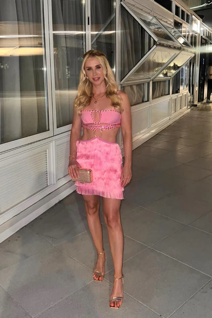 PINK RHINESTONE CUTOUT FRINGE DRESS