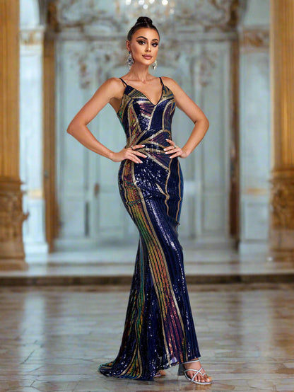Sexy Spaghetti Sequin Prom Maxi Dress