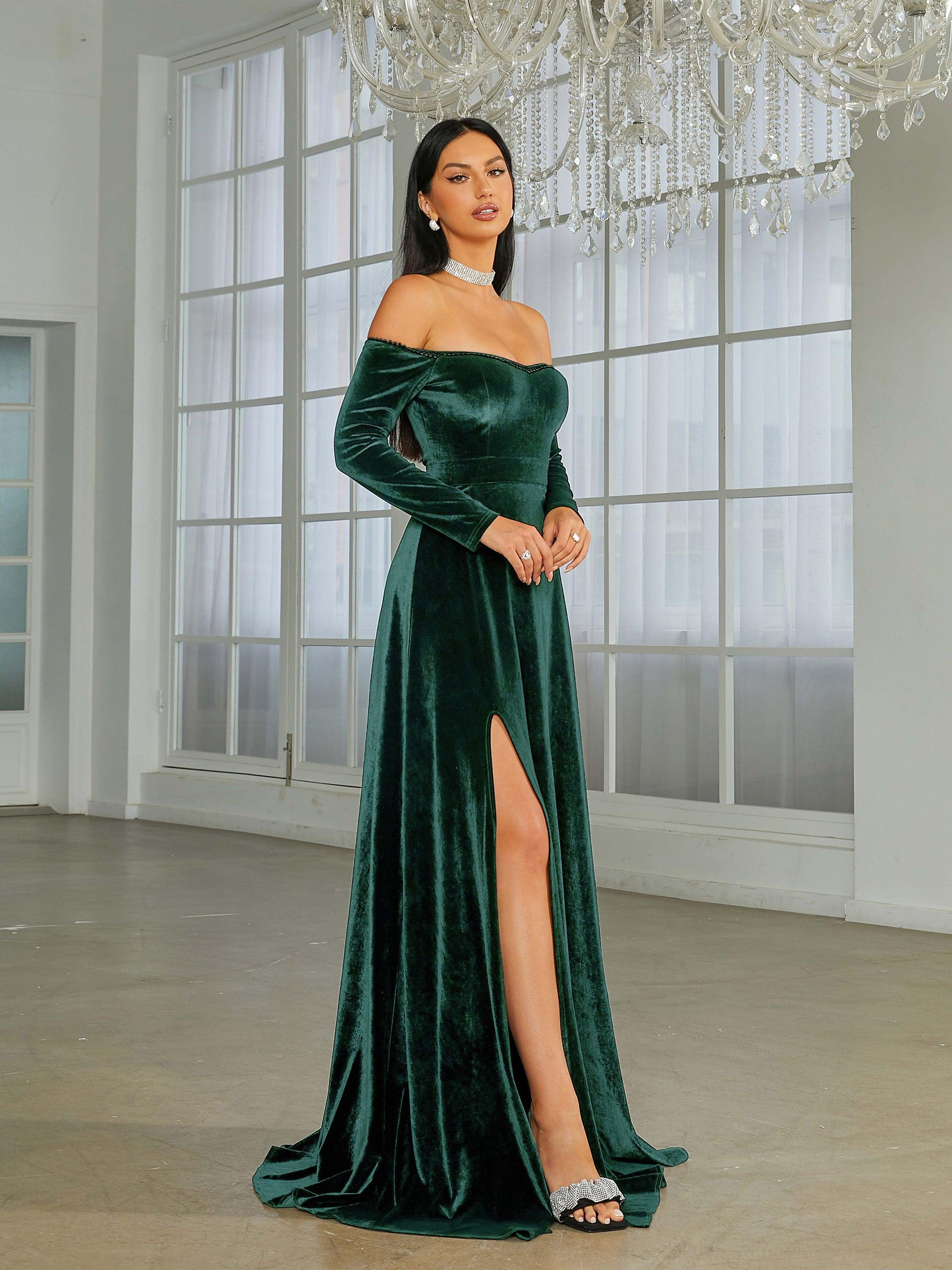 Off Shoulder Split Black Velvet Evening Dress