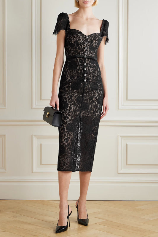 ヘレンブラック ベルト付き装飾コットンブレンドレースミディドレス