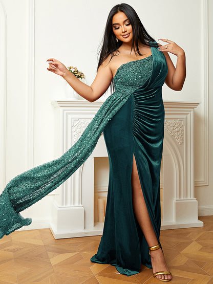 One Shoulder Velvet Split Thigh Prom Dress