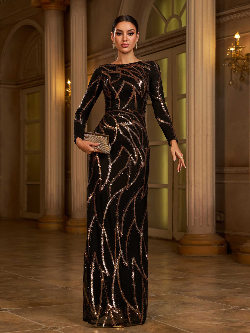 A-Line Long Sleeve Sequin Black Dress