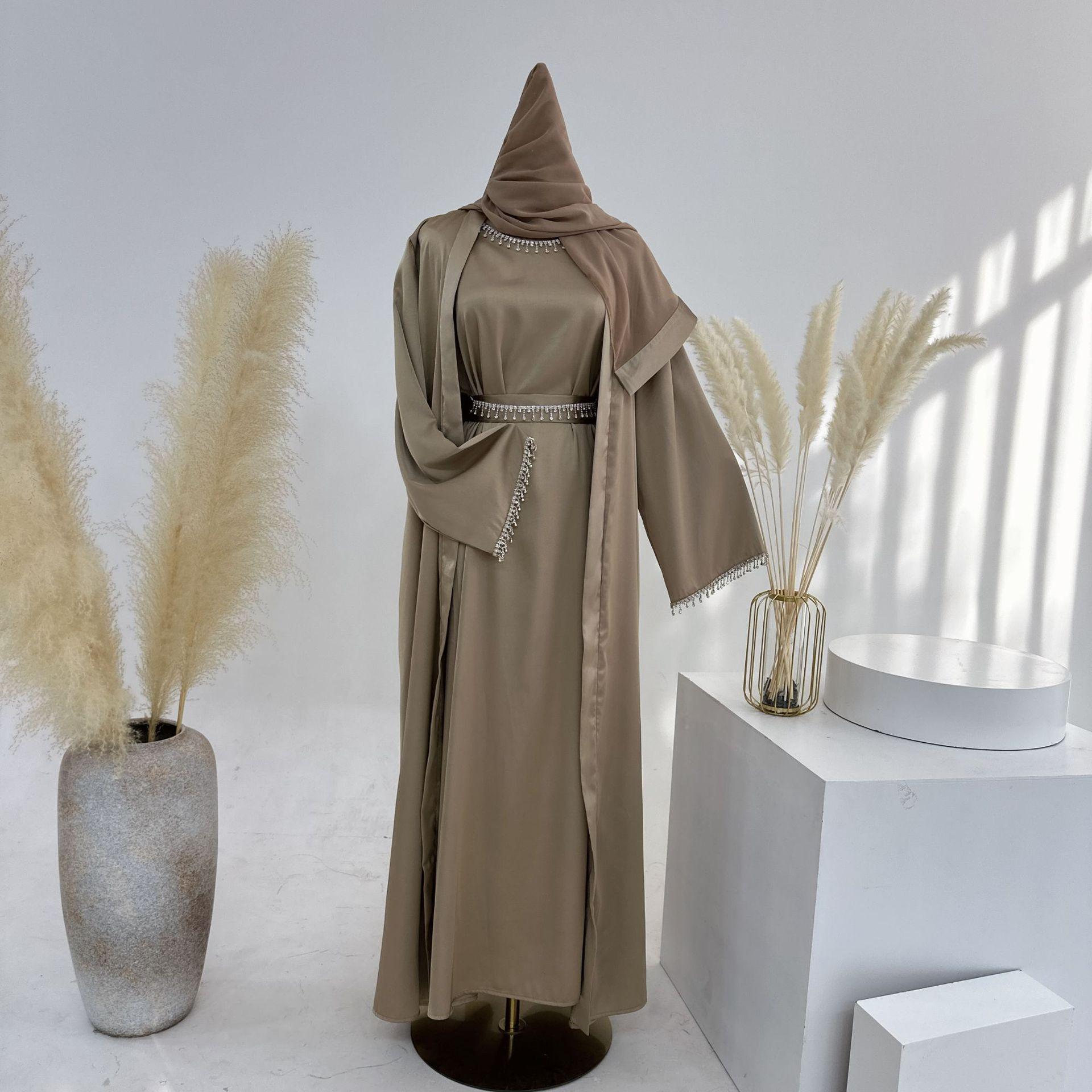 4pcs Set Cardigan+without  Sleeves Inner Dress+Crystal Chain+Hijab