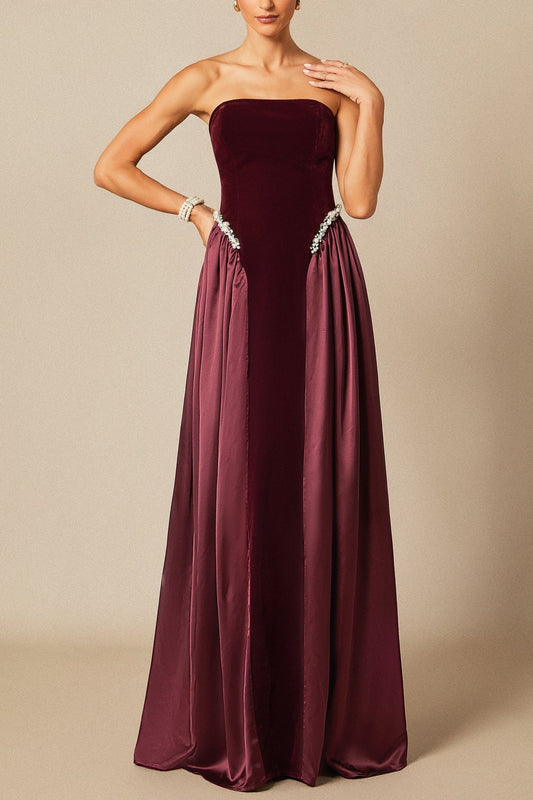 samantha burgundy Pearls Embroidered strapless maxi Dress