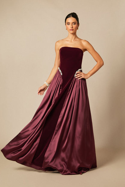 samantha burgundy Pearls Embroidered strapless maxi Dress