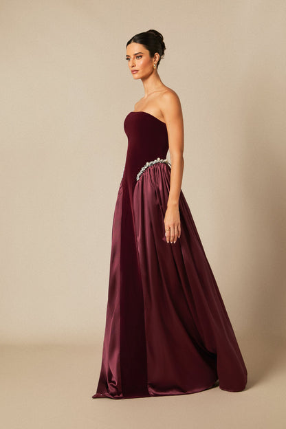 samantha burgundy Pearls Embroidered strapless maxi Dress