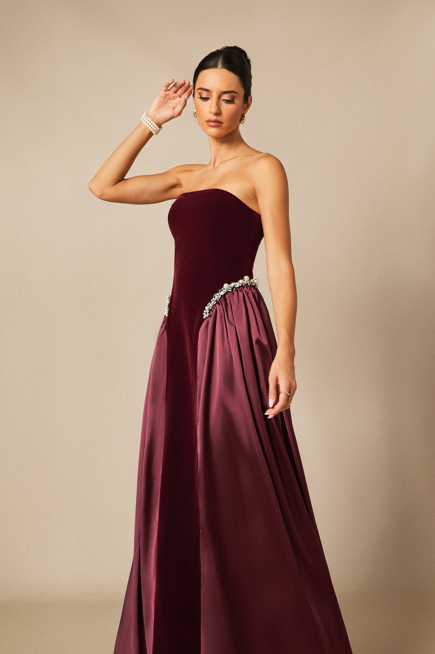 samantha burgundy Pearls Embroidered strapless maxi Dress