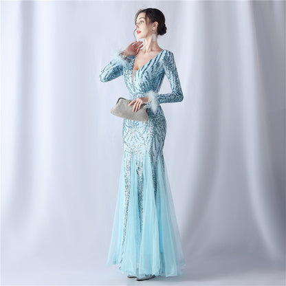 Ostrich Fur Mesh Beaded Formal Dresses