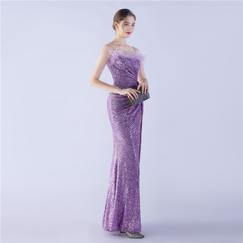 Ostrich Beaded Side Split Formal Dress