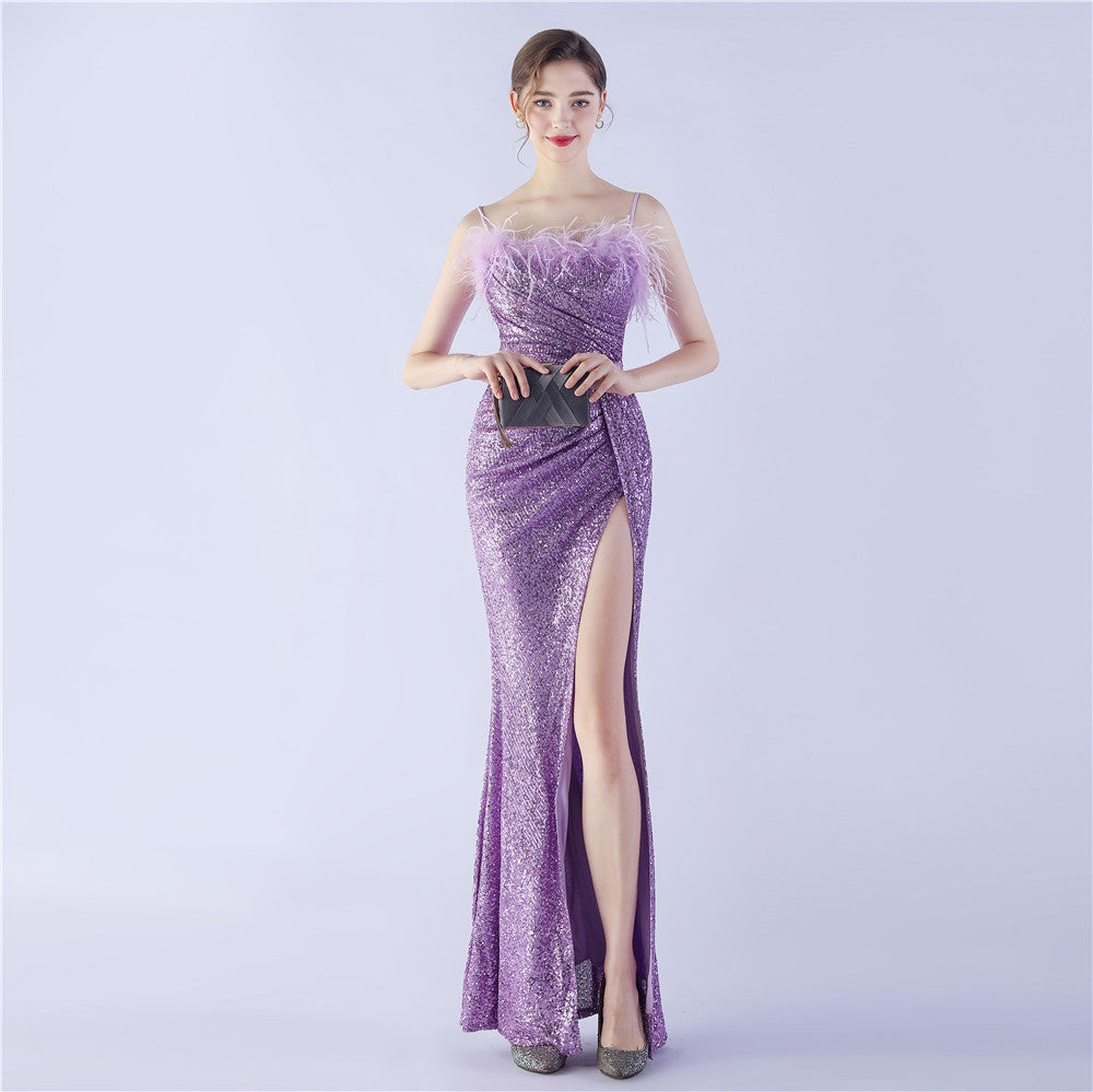 Ostrich Beaded Side Split Formal Dress