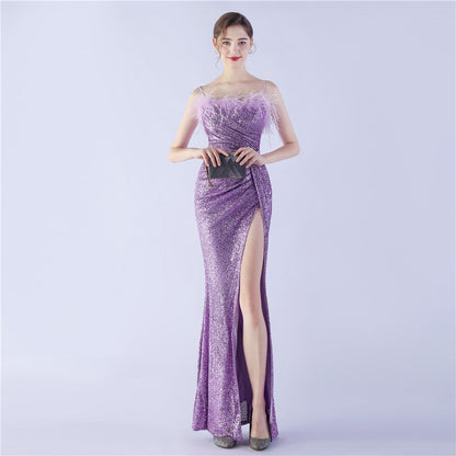 Ostrich Beaded Side Split Formal Dress