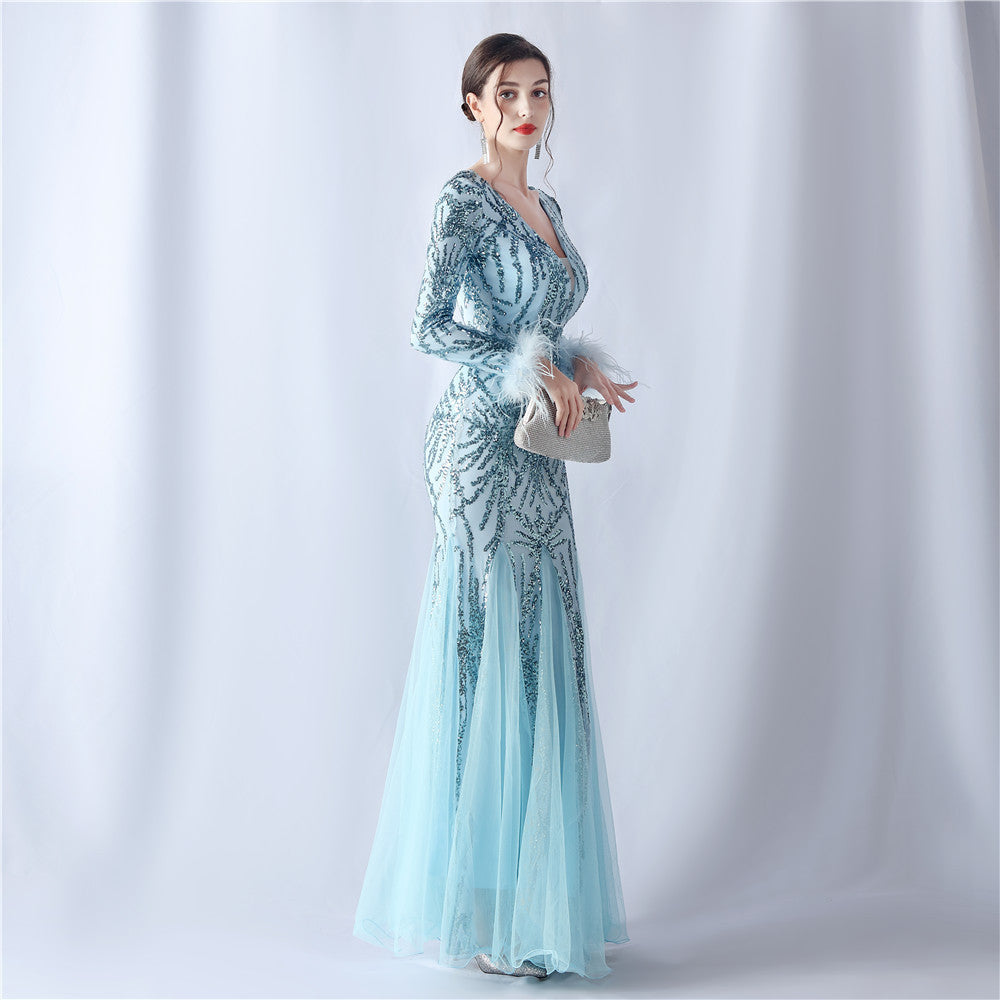 Ostrich Fur Mesh Beaded Formal Dresses