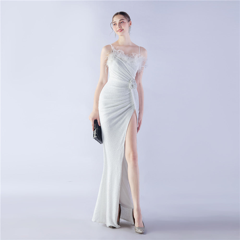 Fur Crafted Flower Formal Dress