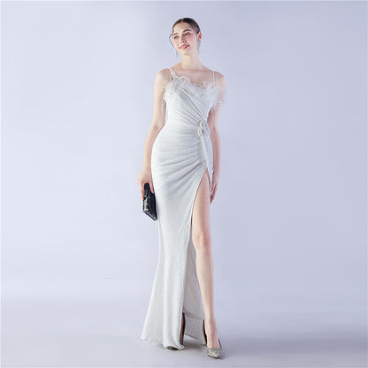 Fur Crafted Flower Formal Dress