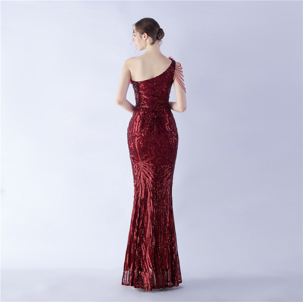 Fur Slant Neck One Shoulder Formal Dress