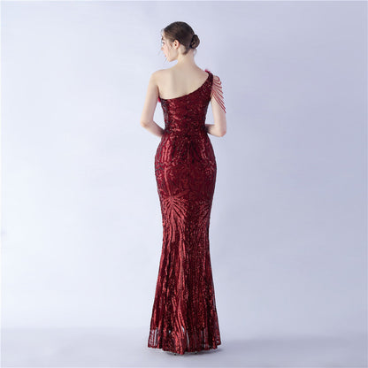 Fur Slant Neck One Shoulder Formal Dress