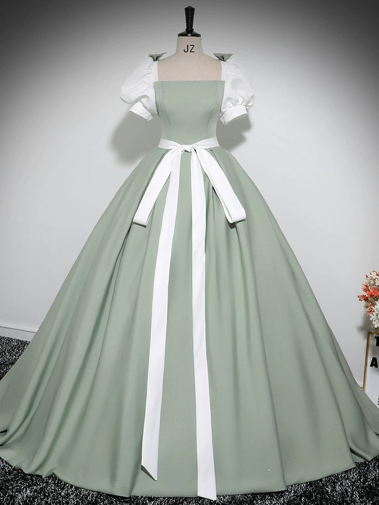 A-Line Puff Sleeves Satin Green Dress