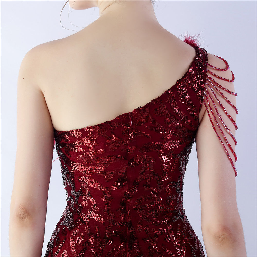 Fur Slant Neck One Shoulder Formal Dress