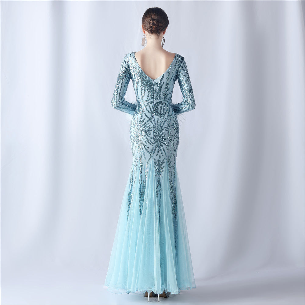 Ostrich Fur Mesh Beaded Formal Dresses