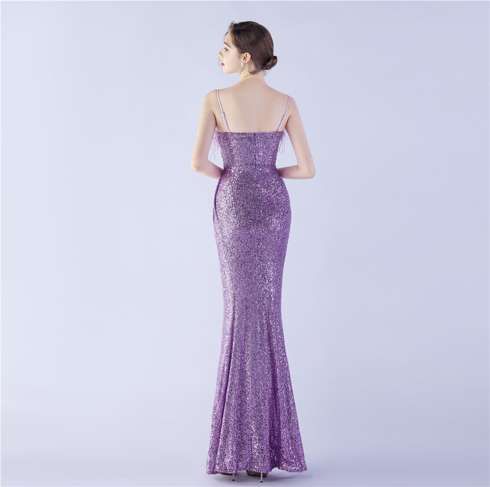 Ostrich Beaded Side Split Formal Dress