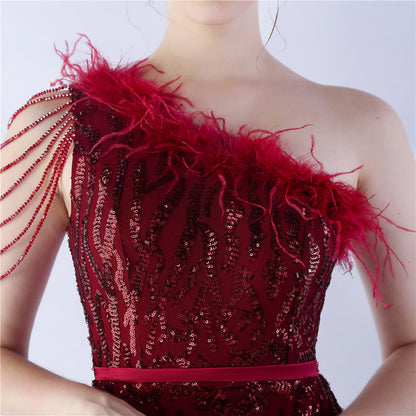 Fur Slant Neck One Shoulder Formal Dress