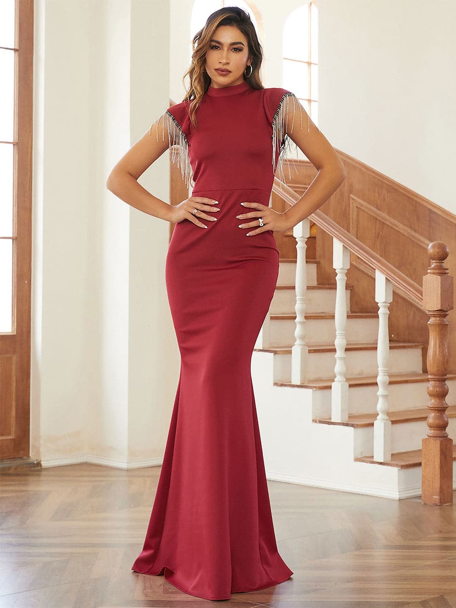 Stand Collar Fringed Mermaid Pleated Evening Dress