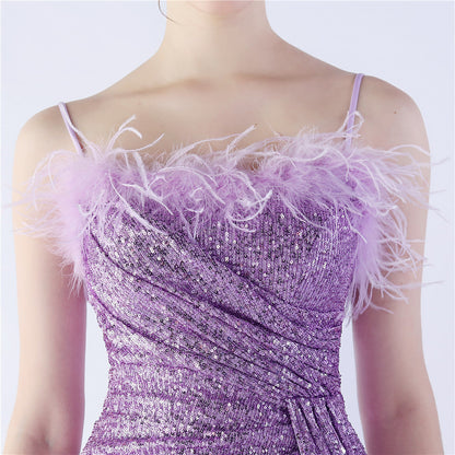 Ostrich Beaded Side Split Formal Dress