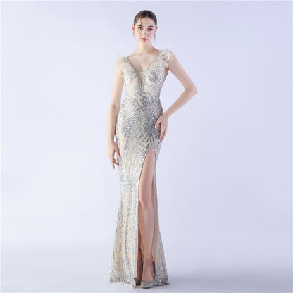 Camel Hair Side Split Formal Dress