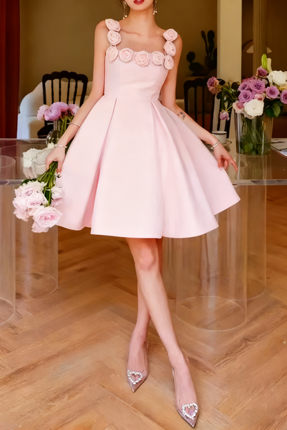 RHINESTONE ROSE APPLIQUE MINI DRESS IN PINK