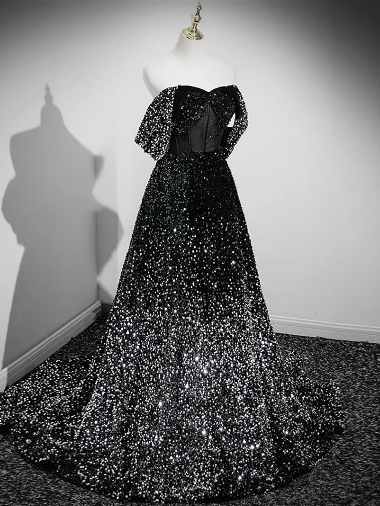 A-Line Neck Black Sequin Long Prom Dress