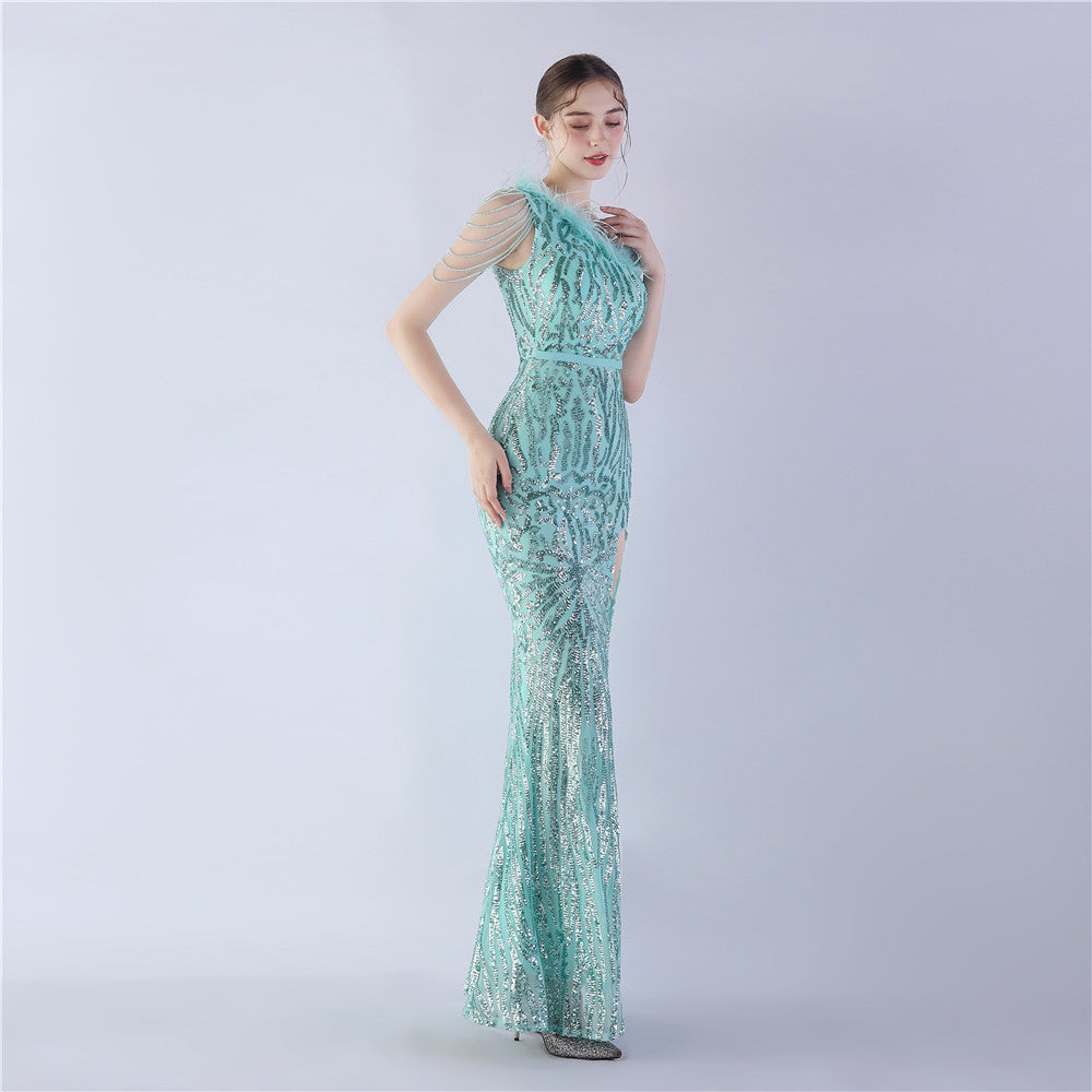 Fur Slant Neck One Shoulder Formal Dress