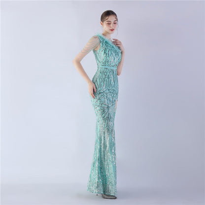 Fur Slant Neck One Shoulder Formal Dress