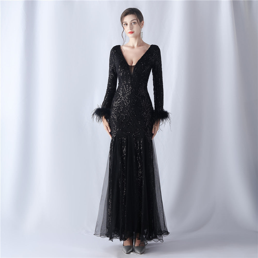 Ostrich Fur Mesh Beaded Formal Dresses