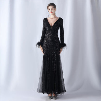 Ostrich Fur Mesh Beaded Formal Dresses