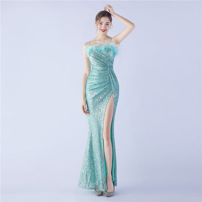Ostrich Beaded Side Split Formal Dress