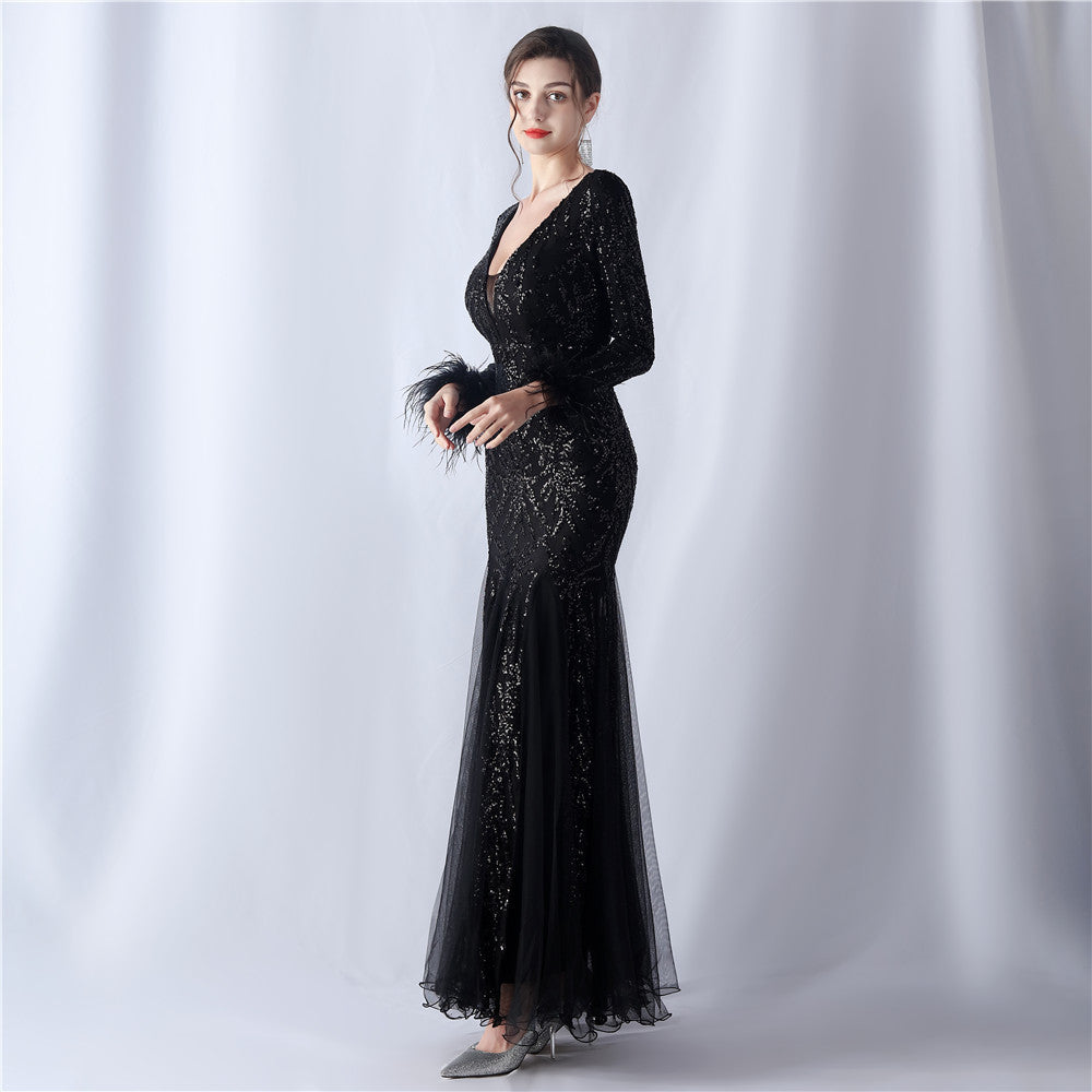 Ostrich Fur Mesh Beaded Formal Dresses