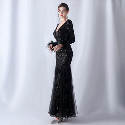 Ostrich Fur Mesh Beaded Formal Dresses