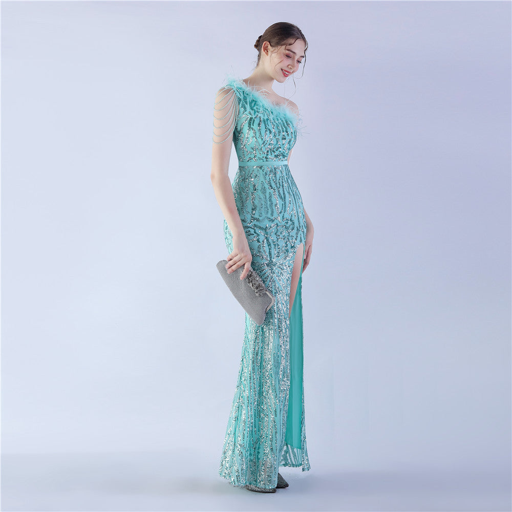 Fur Slant Neck One Shoulder Formal Dress