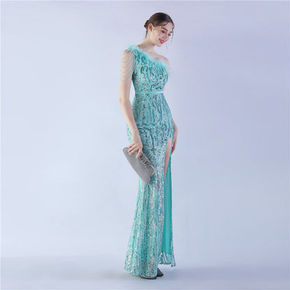 Fur Slant Neck One Shoulder Formal Dress