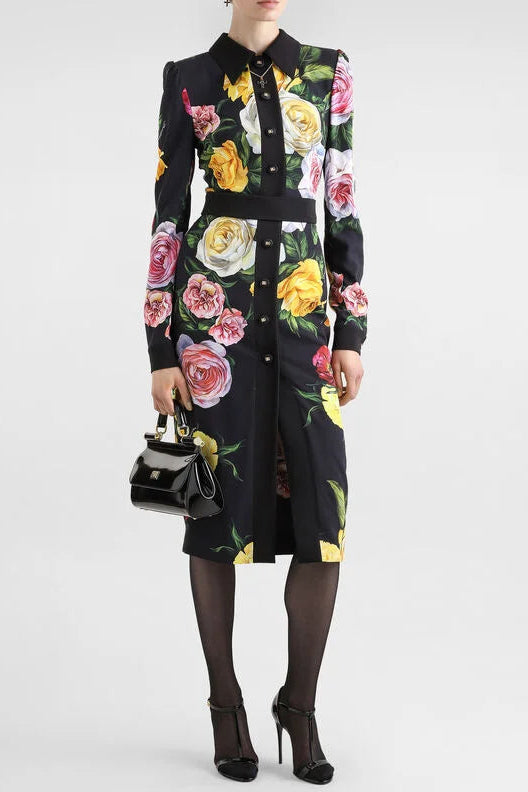 bernice rose print shirt midi dress in black