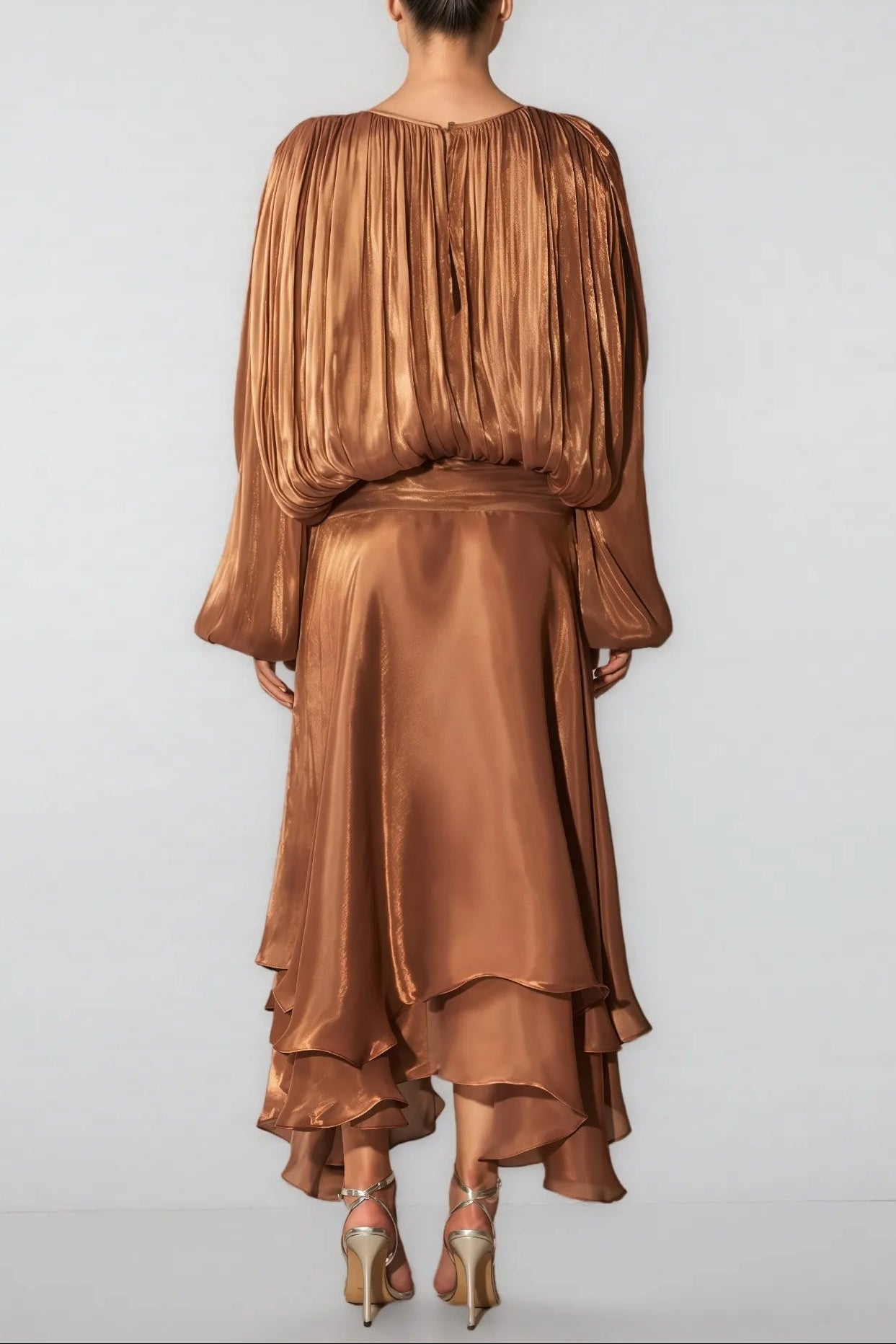brown Pleated Bodice Draped puff sleeve Maxi Dress