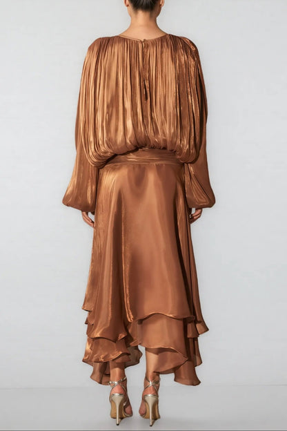 brown Pleated Bodice Draped puff sleeve Maxi Dress