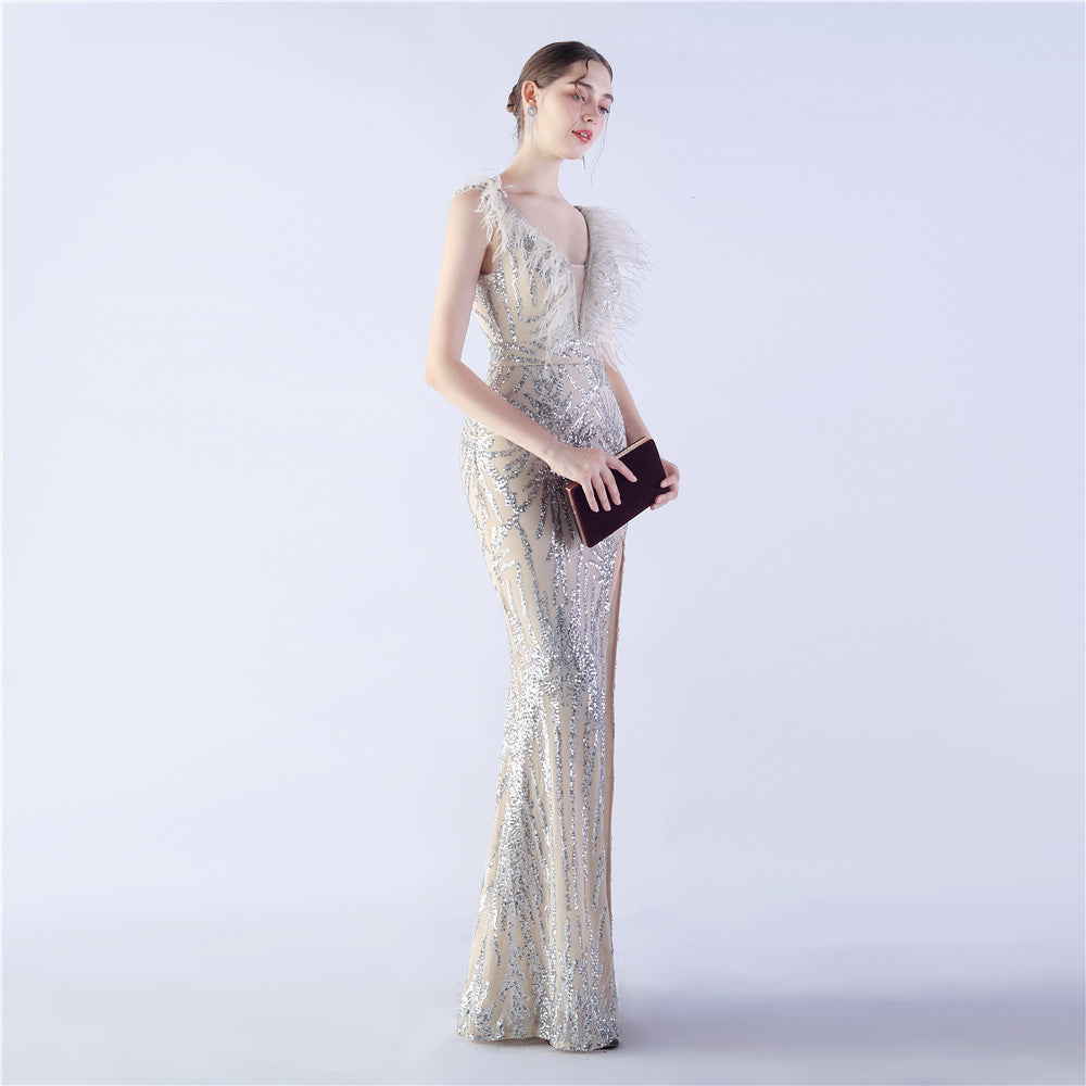 Camel Hair Side Split Formal Dress