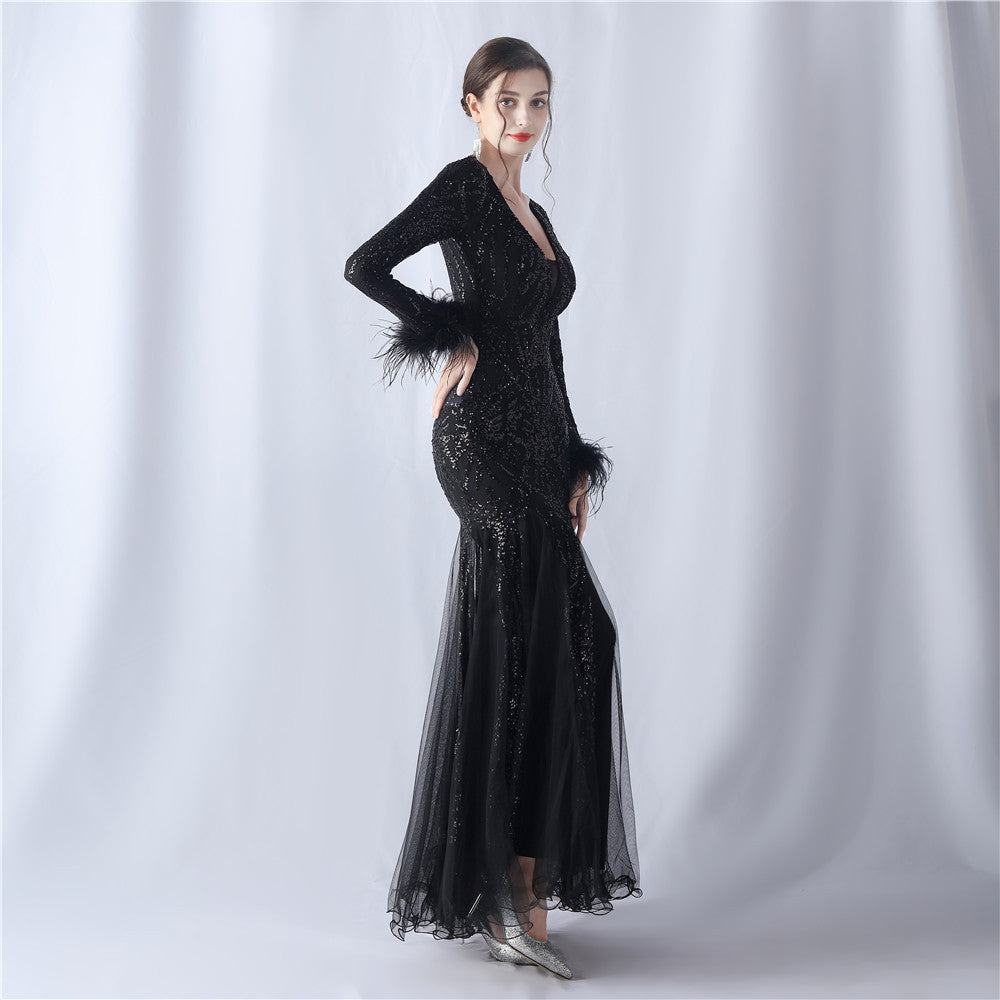 Ostrich Fur Mesh Beaded Formal Dresses
