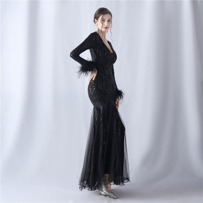 Ostrich Fur Mesh Beaded Formal Dresses